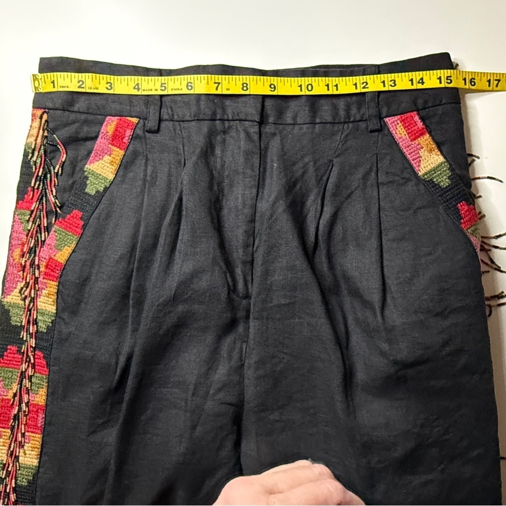 Farm Rio | Carrot Fringe Tailored Linen Embroidered Pants | Black | Size M - Picture 13 of 15